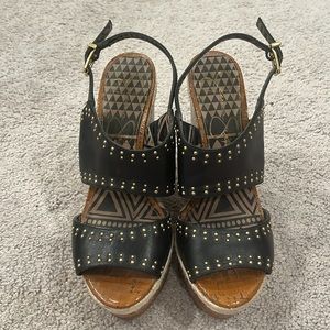 Jessica Simpson Black, Gold & Tan Cork Wedges - Size 8